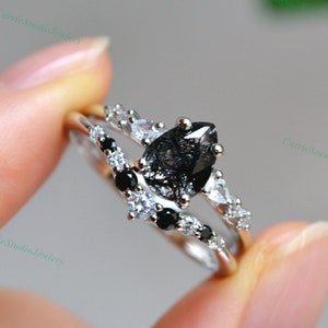 Black Rutilated Quartz Engagement Ring Set - Pear Rutile Quartz Black Diamond Stacking Ring Set Silver  - Black Stone Promise Ring