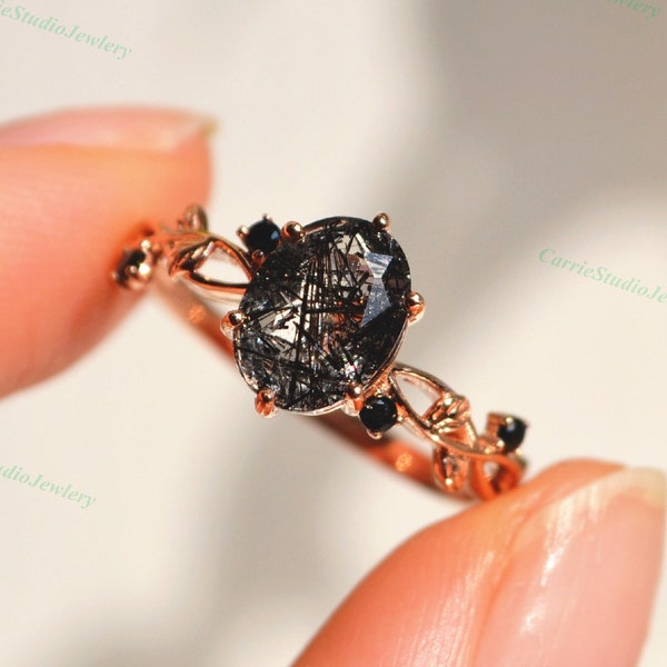 Vintage Black Rutilated Quartz Spinel Engagement Ring Solid Rose Gold | Tourmalinated Quartz Ring | Black Stone Alternative Ring Gift