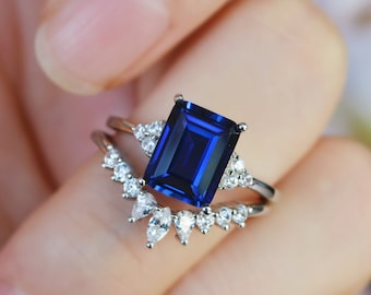 2.5CT エメラルドカット サファイア エンゲージリングセット 隠し