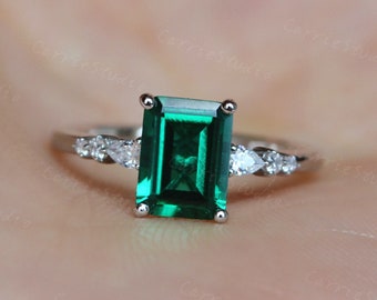 Solid 14K Gold Emerald Ring Lab Created Emerald Engagement Ring Wedding Ring Anniversary Ring May Birthstone