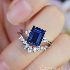 2ct Blue Sapphire Ring Set/Emerald cut Sapphire Engagement Ring/ Blue Gemstone Jewelry 7*9 mm/Anniversary Gift for Her