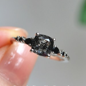 Vintage Black Rutilated Quartz Ring - Cushion Tourmalated Quartz Black Diamond Ring Silver - Black Stone Alternative Engagement Ring