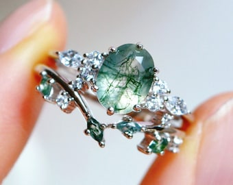 Nature Inspired Moss Agate Engagement Ring Set -  Leaf Stacking Ring Set Silver - Anniversary Gift for Women