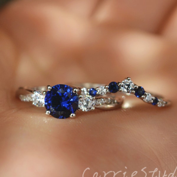 Twist Blue Sapphire Ring Set/ Silver Sapphire Engagement Ring/3 Stone Blue Gemstone Ring/ Anniversary Ring for Her