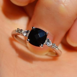 Cushion Cut Black Onyx Ring - Black Engagement Ring Sterling Silver - Black Diamond Promise Ring - Anniversary Gift for her