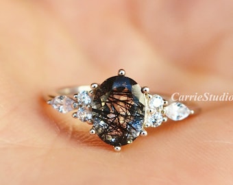 Unique Rutilated Quartz Ring/Silver Black Stone Engagement Ring/Anniversary Ring/Gift for Her