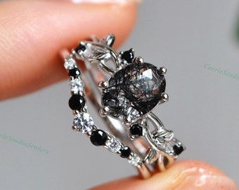 Vine Black Rutilated Quartz Engagement Ring Set | Leaf Rutile Quartz Spinel Stacking Ring Set | Silver Black Stone Anniversary Ring Gift