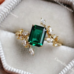 Nature Inspired Emerald Engagement Ring Solid Gold/Leaf Branch Promise Ring/Green Gemstone Moissanite/May Birthstone