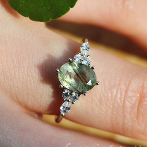 Unique Green Rutilated Quartz Ring/Natural Green Quartz Ring/Silver Engagement Ring/Anniversary Gift for Her
