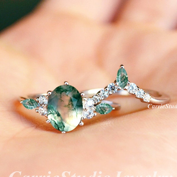 Vintage Moss Agate Engagement Ring Set - Oval Green Agate Bridal Ring Set -  Nature Inspired Ring White Gold - Personalized Gift for Women