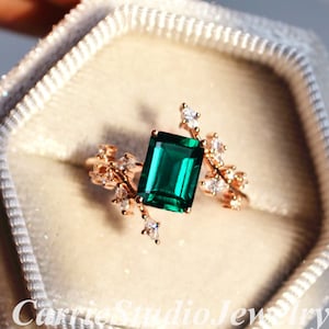 Nature Inspired Emerald Engagement Ring Solid 14K Gold/Leaf Branch Promise Ring/Green Gemstone Moissanite/May Birthstone