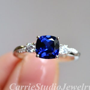 Vintage Cushion Blue Sapphire Ring/Twist Blue Gemstone Engagement Ring Silver/3 Stone Cluster Ring/ Promise Ring for Women