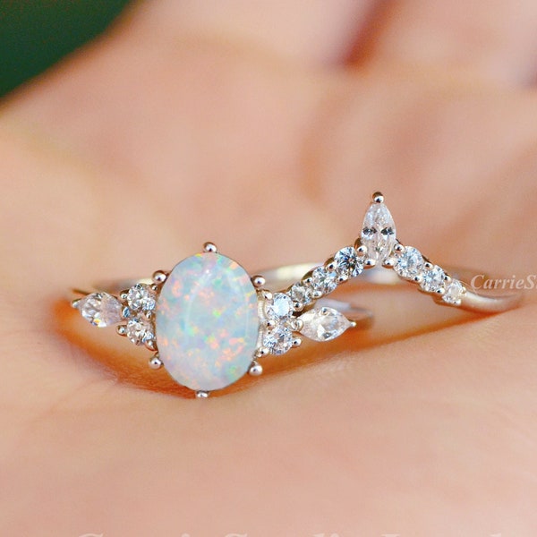 Vintge White Opal Ring Set/Silver Opal Engagement Ring Set/Opal Jewelry Promise Ring/Anniversary Gift for Her