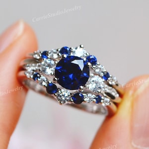 Unique Blue Sapphire 3 Ring Set - Genuine Lab Created Sapphire Engagement Ring -  Twist Band 3 Stone Anniversary Ring Gift for Her