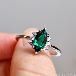 Marquise Emerald Engagement Ring/5*10mm Silver Lab Create Emerald Ring/Cluster Emerald Promise Ring White Gold/Gift for Her