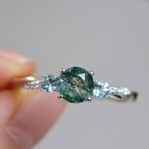 Unique Moss Agate Aquamarine Ring - Twist Band 3 Stone Engagement Ring - Silver Moss Agate Anniversary Ring - Anniversary Gift for Her