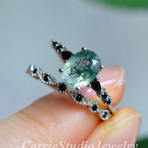 Oval Moss Agate Ring Set - Nature Inspired Ring Set Silver - Oval Green Agate Engagement Ring Set - Vintage Promise Ring for Her