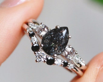 Twist Black Rutilated Quartz Ring Set - Pear Rutile Quartz Engagement Ring Set Silver - Stacking Black Stone Ring for Women