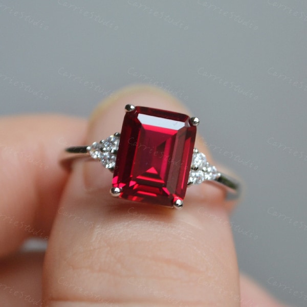 2ct Emerald cut Lab Ruby Ring/Ruby Engagement Ring/Anniversary Ring/ Red Gem Promise Ring