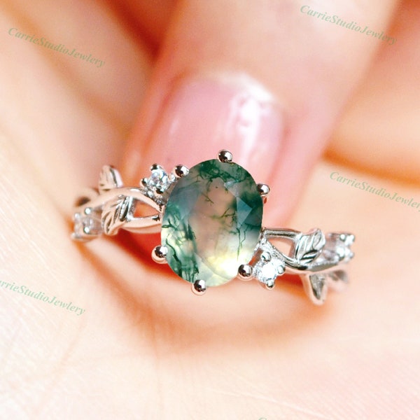 Vintage Leaf Moss Agate Engagement Ring - Nature Inspired Promise Ring Silver - Green Agate Ring Twist Band - One of a Kind Jewelry