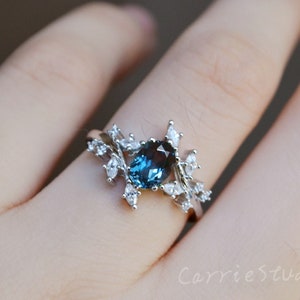 Unique Blue Topaz Ring/Silver Natural Inspired Oval London Blue Topaz Engagement Ring/Blue Gem Promise Ring Gift