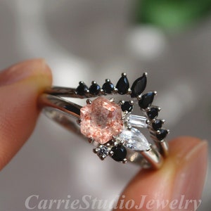 Hexagon Pink Quartz Ring Set/Black Diamond Band/Strawberry Quartz Engagement Ring Silver Cluster/Stacking Ring Set for Women