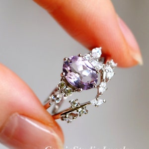 Vintage Amethyst Ring Set/ Lavender Purple Amethyst Engagement Ring Set for Women/Sterling Silver Promise Ring for Her