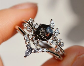 Unique Nature Inspired Branch Ring Set - Hexagon Black Rutilated Quartz Engagement Ring Set - Leaf Black Stone Ring Set Silver
