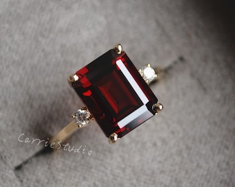 Natural Garnet Ring/8*10mm Garnet Engagement Ring/Solid 14K Gold Emerald Cut Garnet Ring White Gold/Garnet Promise Ring for Her