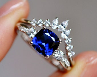 Vintage Cushion Blue Sapphire Engagement Ring Set Twist/blue - Etsy