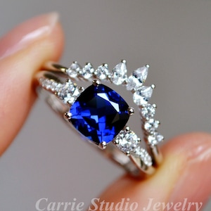 Twist Cushion Blue Sapphire Ring Set/Blue Gemstone Engagement Ring Silver/3 Stone Cluster Ring Vintage Promise Ring for Women
