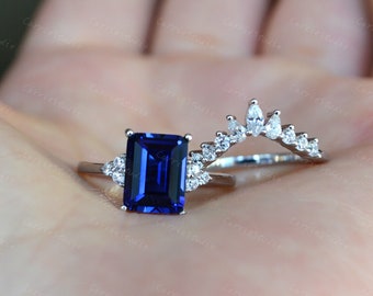 2カラット ブルー サファイア リング セット/エメラルド カット