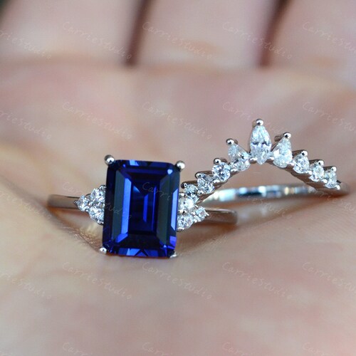 2ct Blue Sapphire Ring Set/Emerald cut shops Sapphire Engagement Ring/ Blue Gemstone Jewelry 7*9 mm/Anniversary Gift for Her