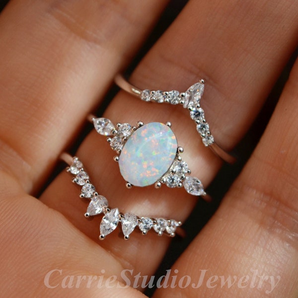 Oval Opal 3 Ring Set/Silver White Opal Engagement Ring Set/Opal Jewelry Promise Ring/Anniversary Gift for Her