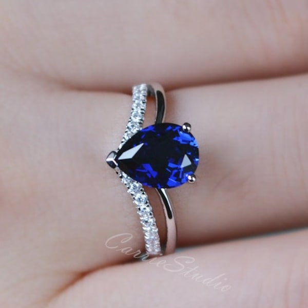Blue Sapphire Engagement Ring/7*9 Pear Cut Sterling Silver Sapphire Ring/Blue Gemstone Ring/Double Shank Ring/Gift for Her