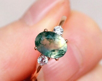 Oval Moss Agate Engagement Ring - Green Agate Promise Ring for Women - Anniversary Gift for Her