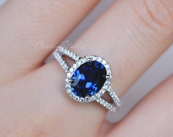 2ct Halo Sapphire Ring/925 Silver Oval Sapphire Engagement Ring/ Blue Sapphire Anniversary Ring