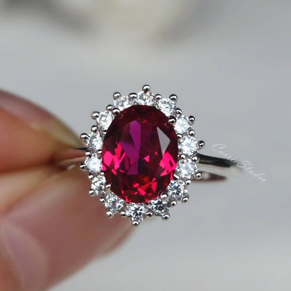 2ct Halo Ruby Ring/Oval Cut Ruby Engagement Ring/ Sterling Silver Promise Ring for Women/ Red Gemstone Anniversary Ring/ Gift for Her