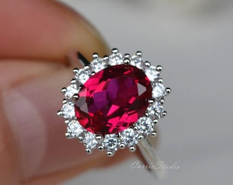 2ct Halo Ruby Ring/Oval Cut Ruby Engagement Ring/ Sterling Silver Promise Ring for Women/ Red Gemstone Anniversary Ring/ Gift for Her