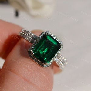 Halo Emerald Engagement Ring Set 2.5ct/Genuine Emerald Ring Set/Anniversary Ring/Promise Ring Set