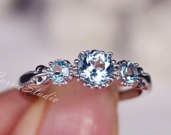 3 Stone Topaz Ring/Natural Sky Blue Topaz Ring/Topaz Promise Ring