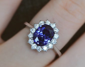 Halo Silver Tanzanite Ring/ 7*9 mm Oval Cut Tanzanite Promise Ring/Anniversary Ring/ Gift for Her
