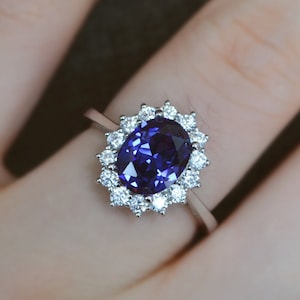 Anillo de tanzanita de plata con halo/Anillo de promesa de tanzanita de corte ovalado de 7 x 9 mm/Anillo de aniversario/Regalo para ella