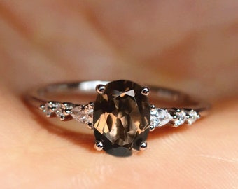 Smoky Quartz Ring - Oval Brown Quartz Ring Silver- Unique Promise Ring for Women- Alternative Ring Handmade