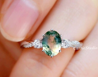 Vintage Moss Agate Engagement Ring/3 Stone Silver Moss Agate Promise Ring/Green Agate Anniversary Gift for for Her