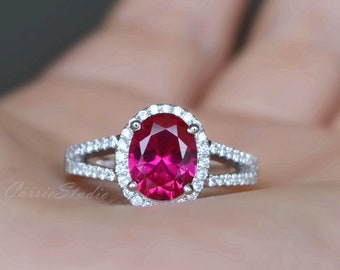 Halo Ruby Ring 7*9 Oval Ruby Engagement Ring/Sterling Silver Red Gem Promise Ring Anniversary Ring