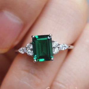 Emerald Cut Engagement Ring/Genuine Lab Created Emerald Ring/14K Gold Green Gemstone Ring/May Birthstone Ring 6*8mm