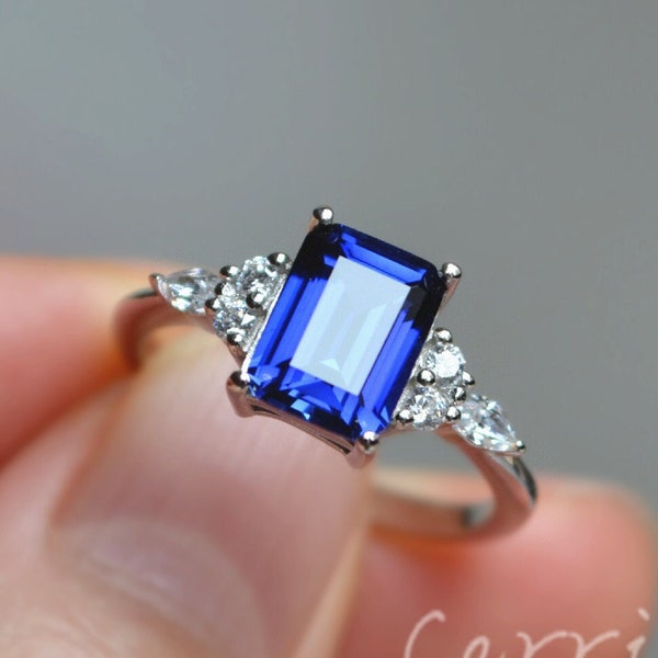 Emerald cut Blue Sapphire Ring/Sapphire Engagement Ring Anniversary Ring/ Blue Gem Jewelry