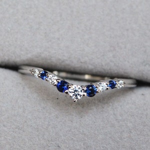 Cruved Blue Sapphire Ring - Half Eternity Band - Blue Stackable Ring - Matching Band