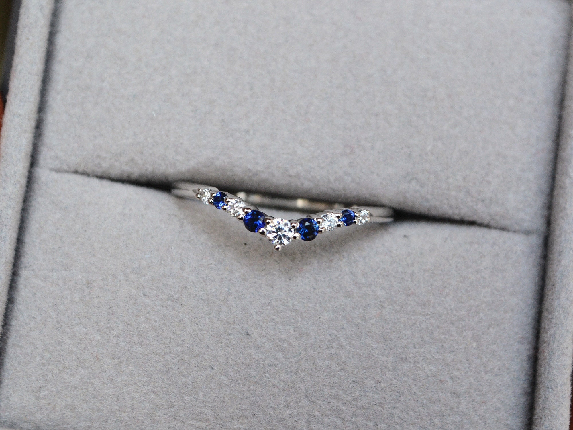 Cruved Blue Sapphire Ring - Half Eternity Band - Blue Stackable Ring - Matching Band
